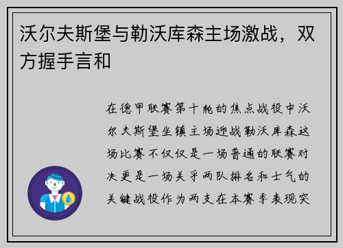 沃尔夫斯堡与勒沃库森主场激战，双方握手言和